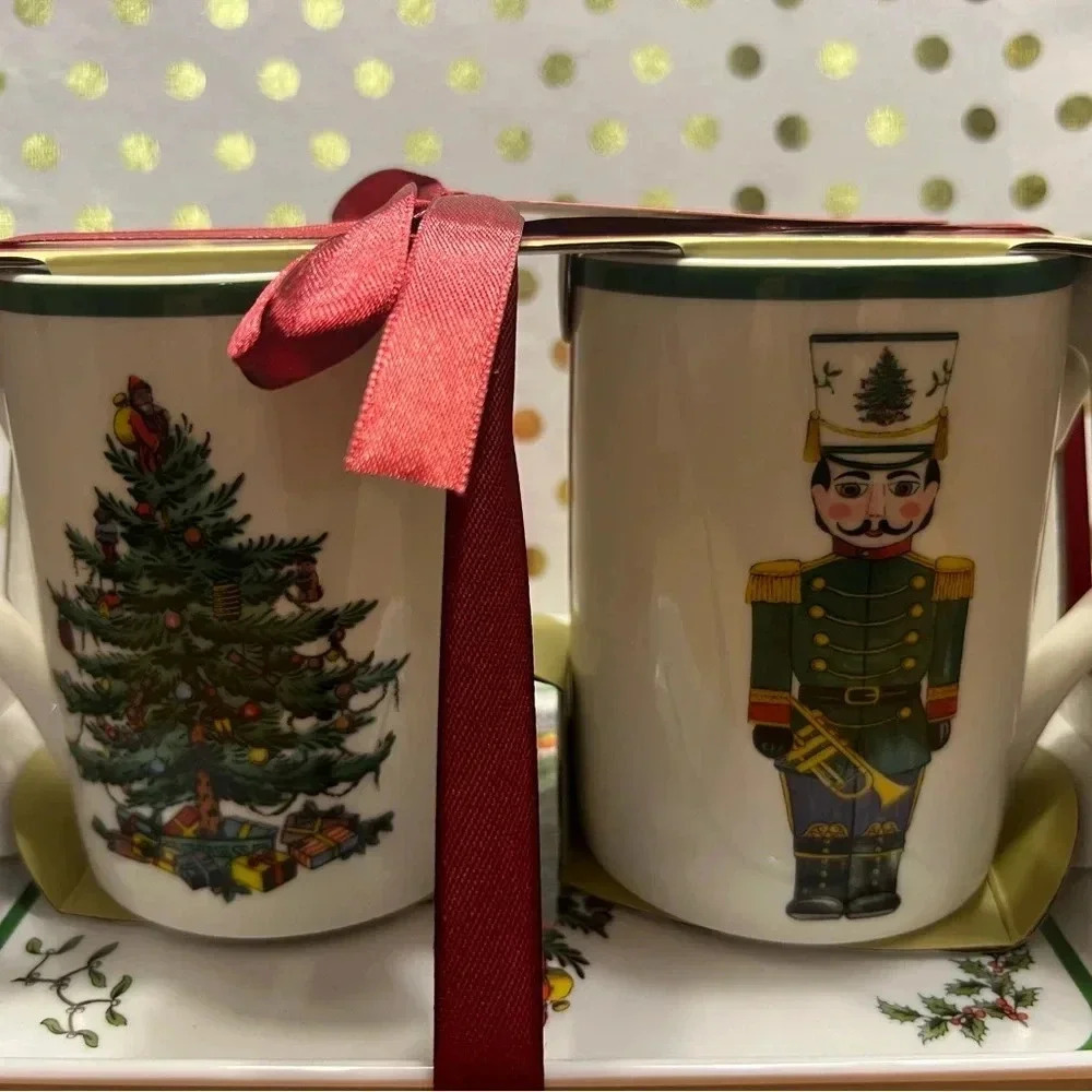 Spode Christmas Tree Mug Set with Tray – Holiday Collectible Nutcracker See Vide - Picture 3 of 9